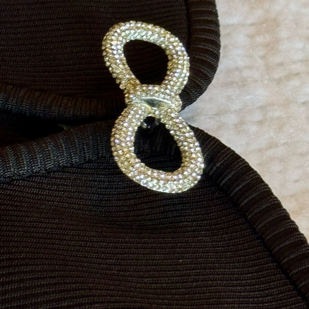 MACH & MACH Crystal Bow Ribbed Black Mini Dress - Picture 9 of 16